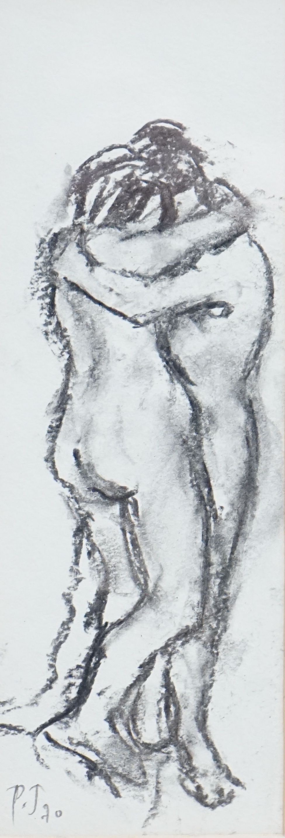Llewellyn Petley Jones (1908-1986), charcoal drawing, Embracing Lovers, initialled and dated '70, 25 x 8.5cm